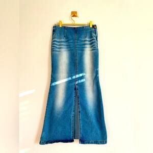 Vintage Y2K Denim Maxi Flare Skirt with Front Slit Light Wash Skirt Size Small